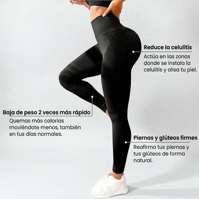 Calzas modeladoras Drenalia de lado, con rótulos: alisa tu piel, baja de peso 2 veces más rápido y piernas y glúteos firmes