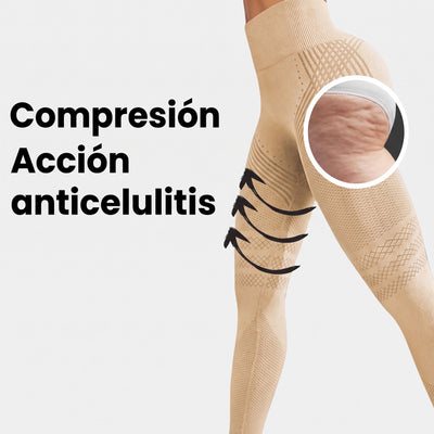 Muslo con calzas anticelulitis color Baige de Drenalia, flechas de compresión y un círculo que muestra piel de naranja