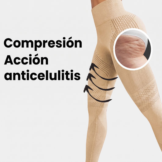Muslo con calzas anticelulitis color Baige de Drenalia, flechas de compresión y un círculo que muestra piel de naranja