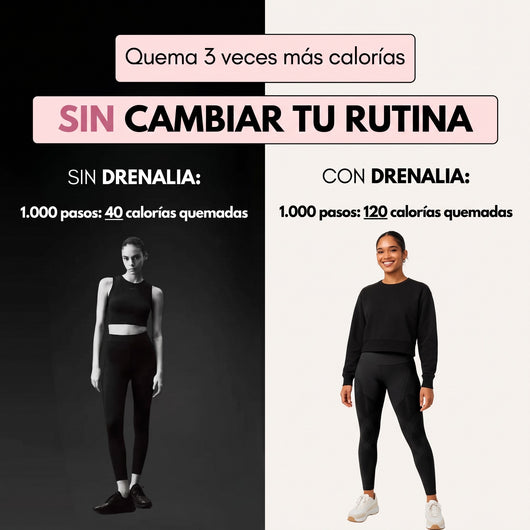Comparación sin y con calzas modeladoras Drenalia: «Quema 3 veces más calorías sin cambiar tu rutina» en 1.000 pasos